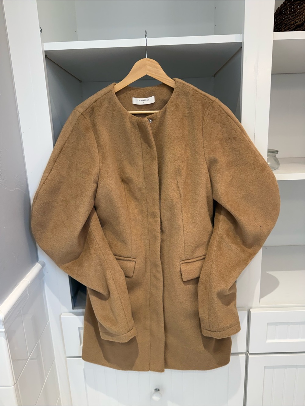 Commense Tan Collarless Wool-Blend Pea Coat